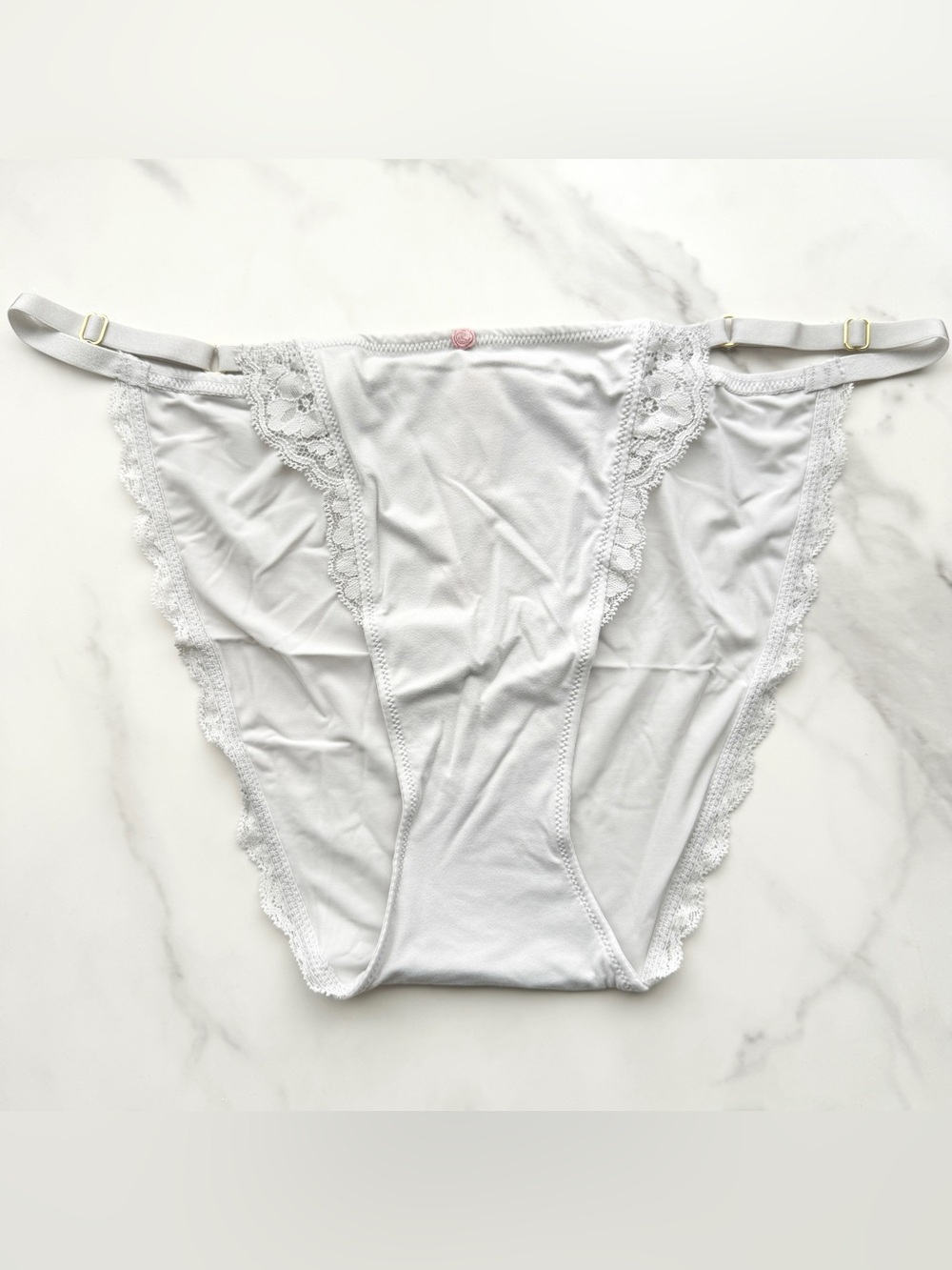 NWT VICTORIA’S SECRET DREAM ANGELS LACE-TRIM ADJUSTABLE STRING BIKINI PANTY SILV